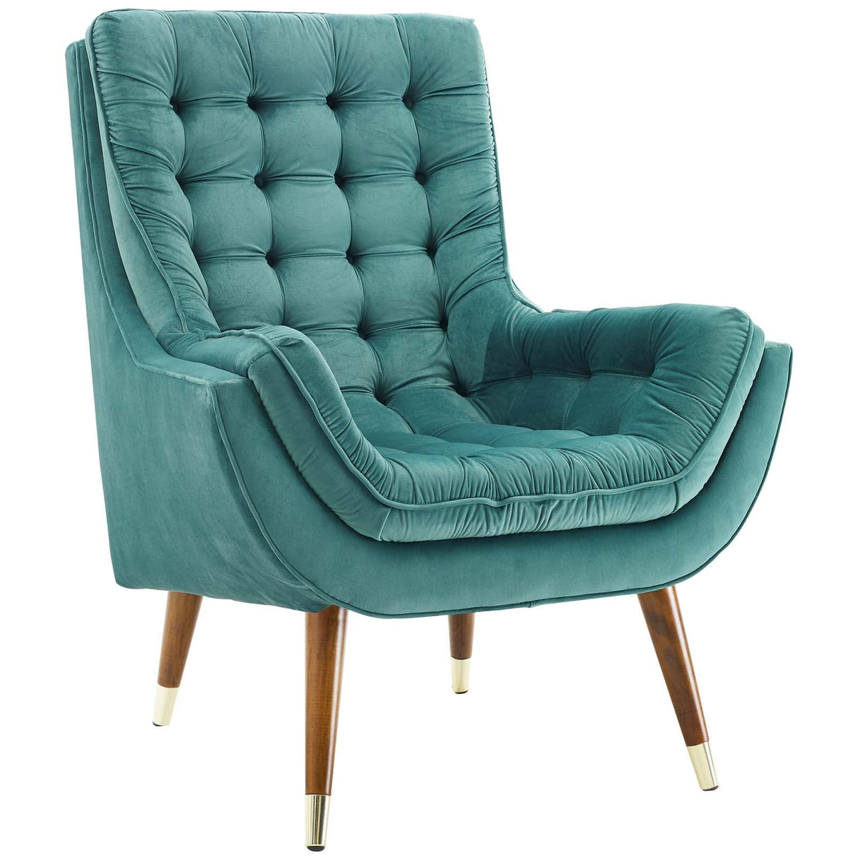34 Inch Mid-Century Modern Performance Velvet Lounge Chair with Deep Button Tufting and Gold Accents