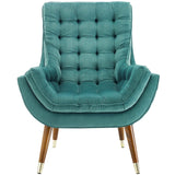 34 Inch Mid-Century Modern Performance Velvet Lounge Chair with Deep Button Tufting and Gold Accents