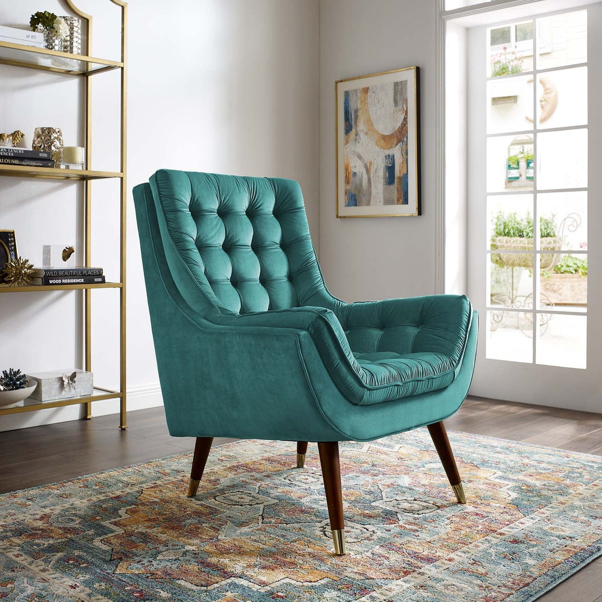 34 Inch Mid-Century Modern Performance Velvet Lounge Chair with Deep Button Tufting and Gold Accents
