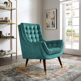 34 Inch Mid-Century Modern Performance Velvet Lounge Chair with Deep Button Tufting and Gold Accents