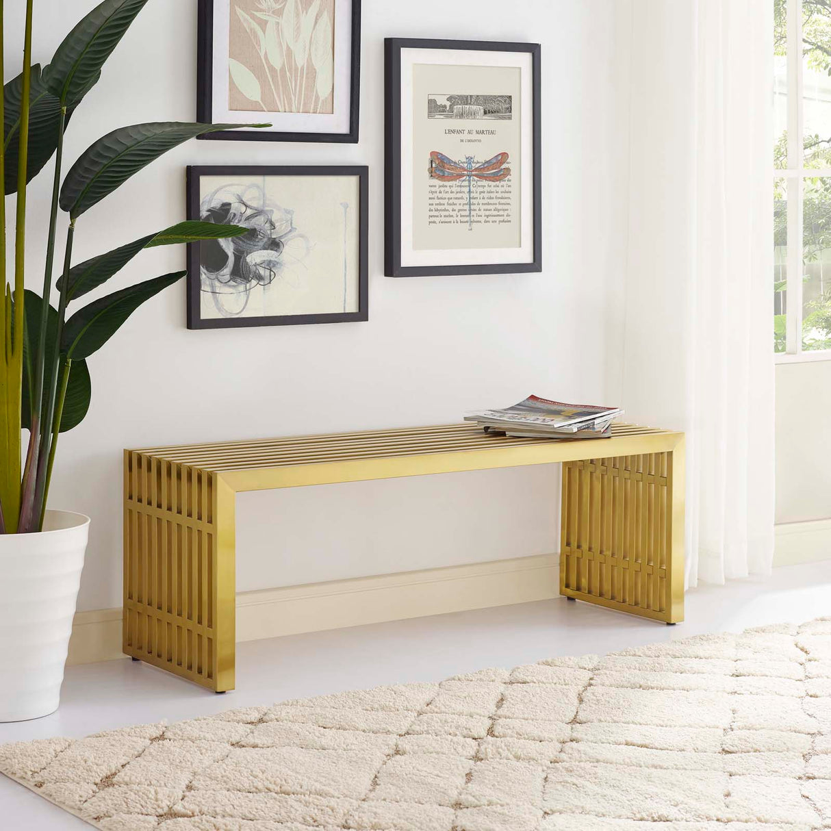 47 Inch Gold Stainless Steel Tubular Bench with Linear Conduit Design