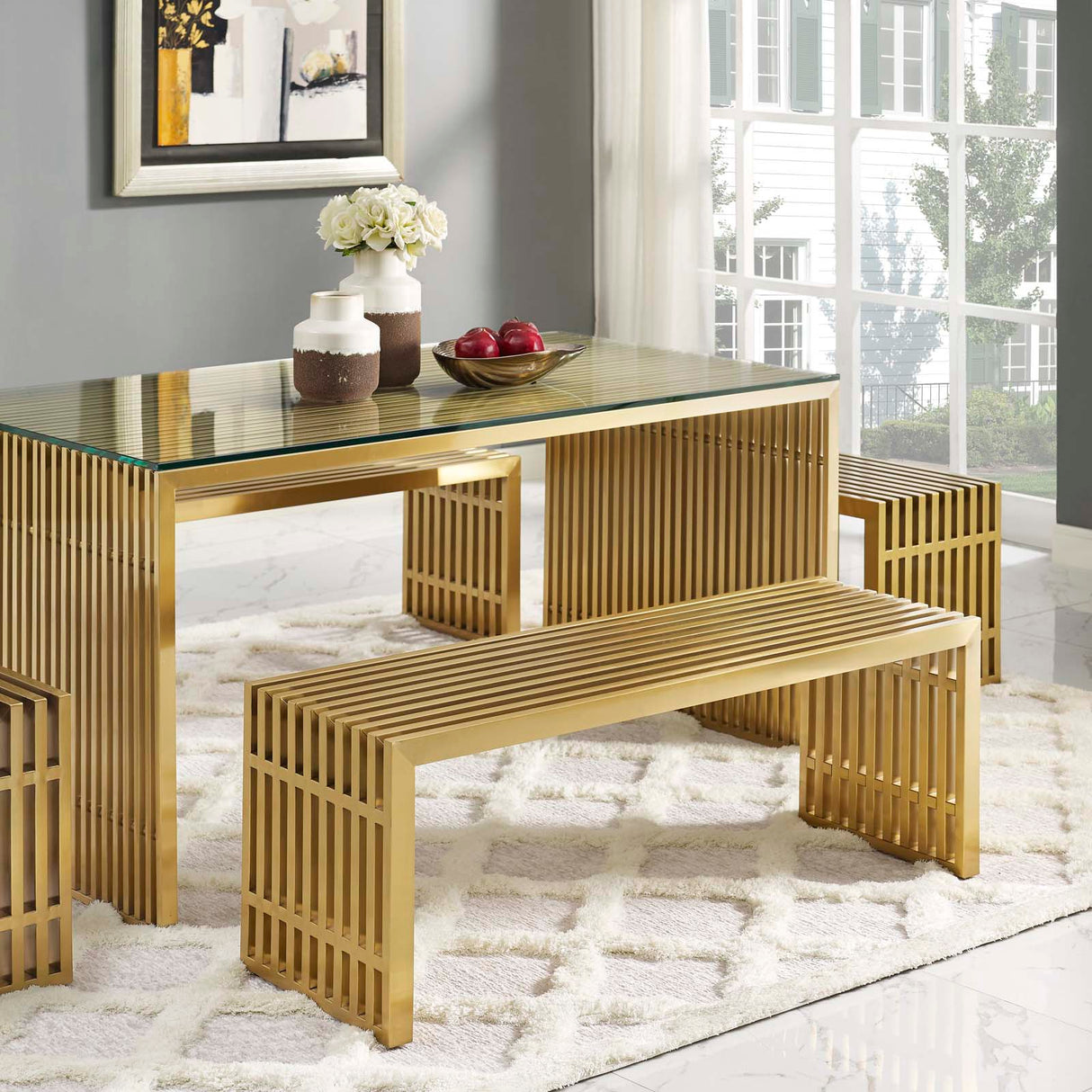 47 Inch Gold Stainless Steel Tubular Bench with Linear Conduit Design