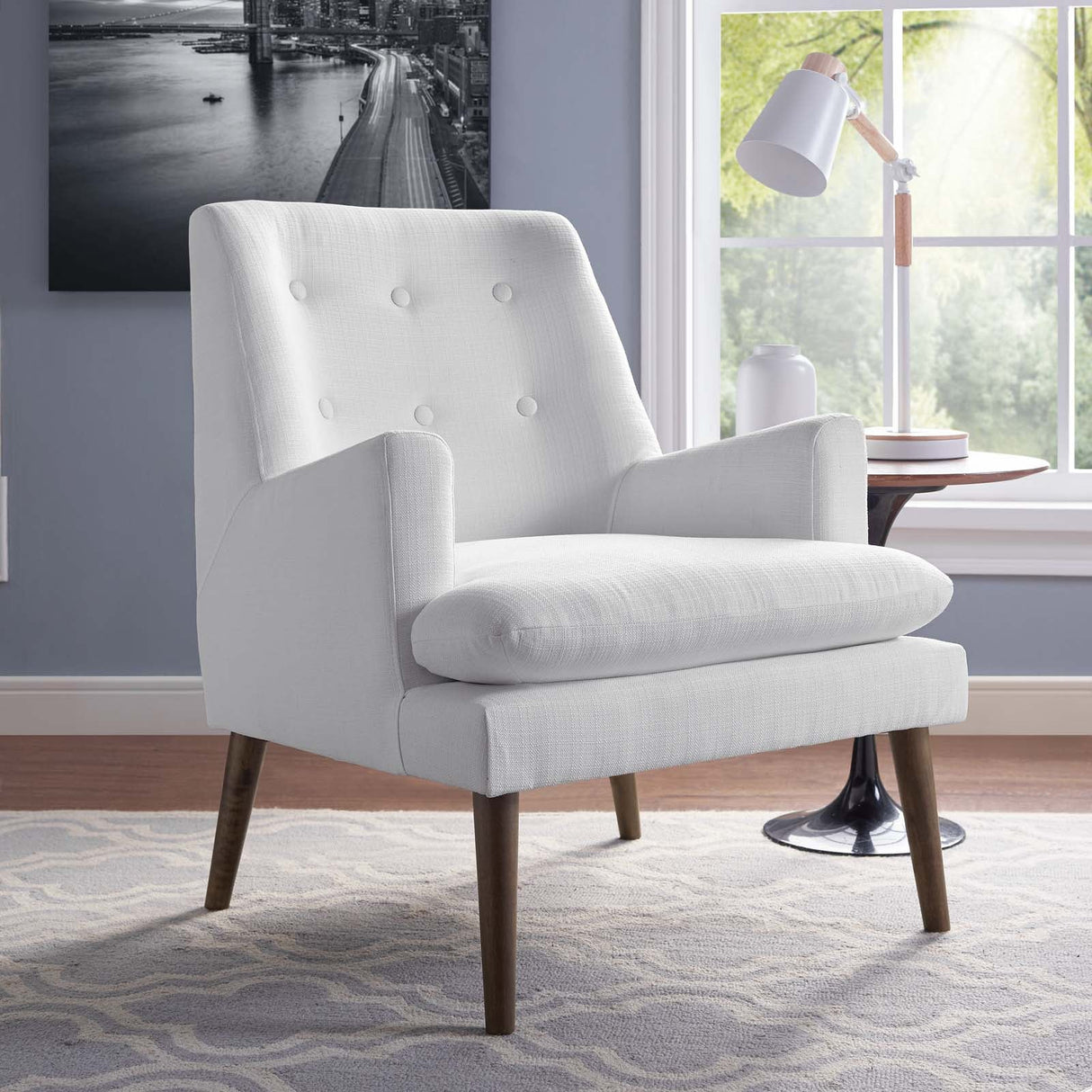28 Inch Mid-Century Modern Upholstered Fabric Lounge Chair with Button Tufting and Walnut Legs