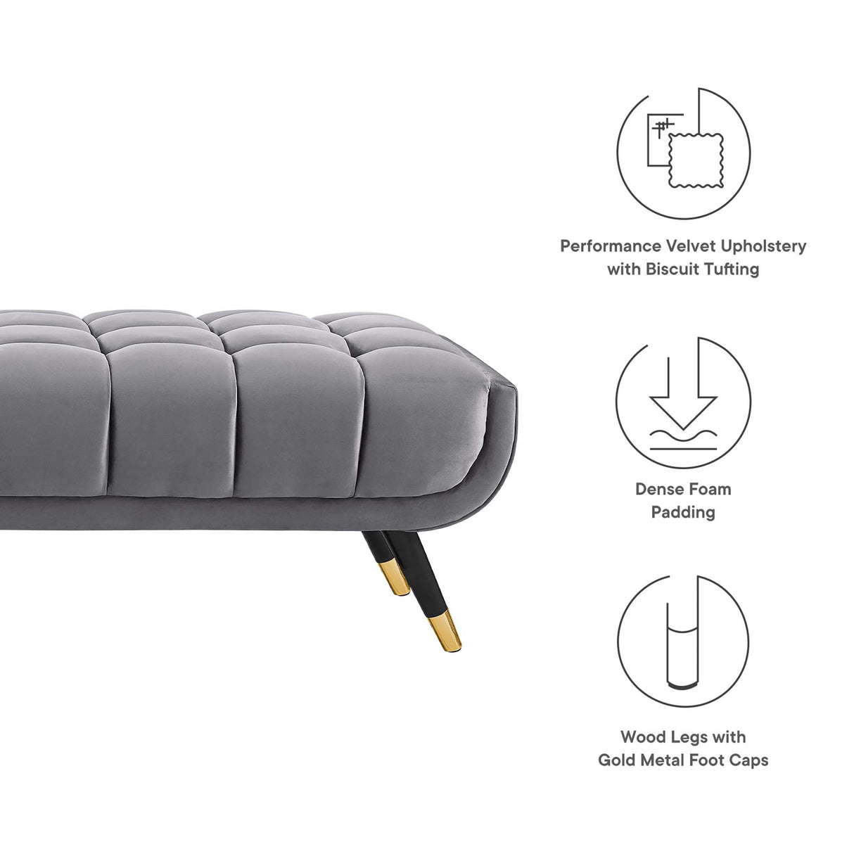 73 Inch Adept Performance Velvet Accent Bench with Gold Metal Caps
