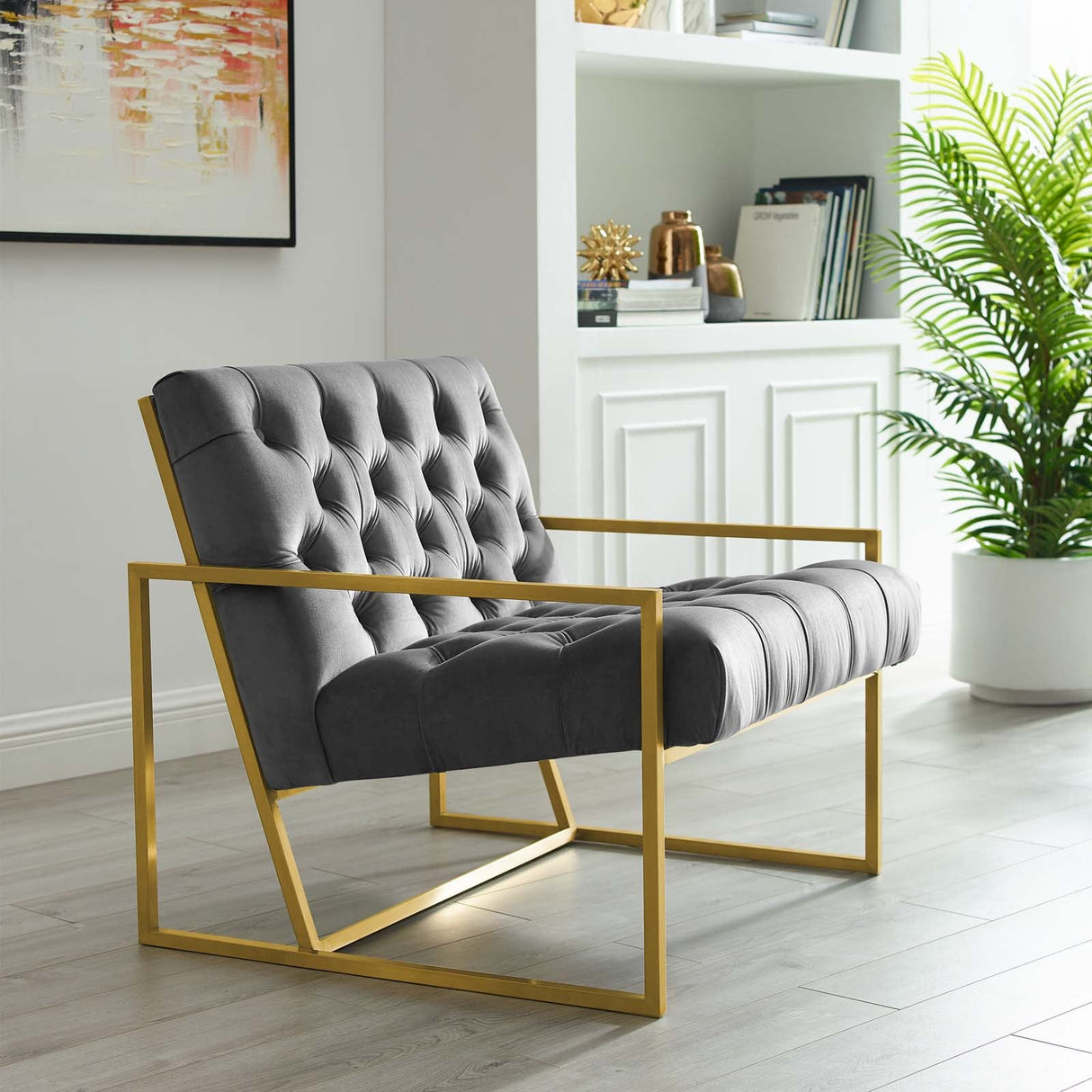 31 Inch Button Tufted Performance Velvet Accent Chair with Gold Frame