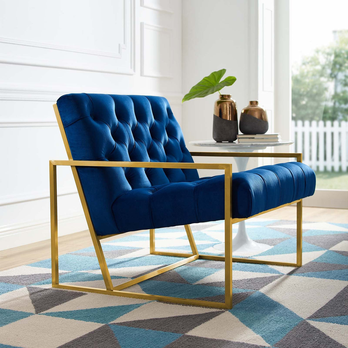 31 Inch Button Tufted Performance Velvet Accent Chair with Gold Frame
