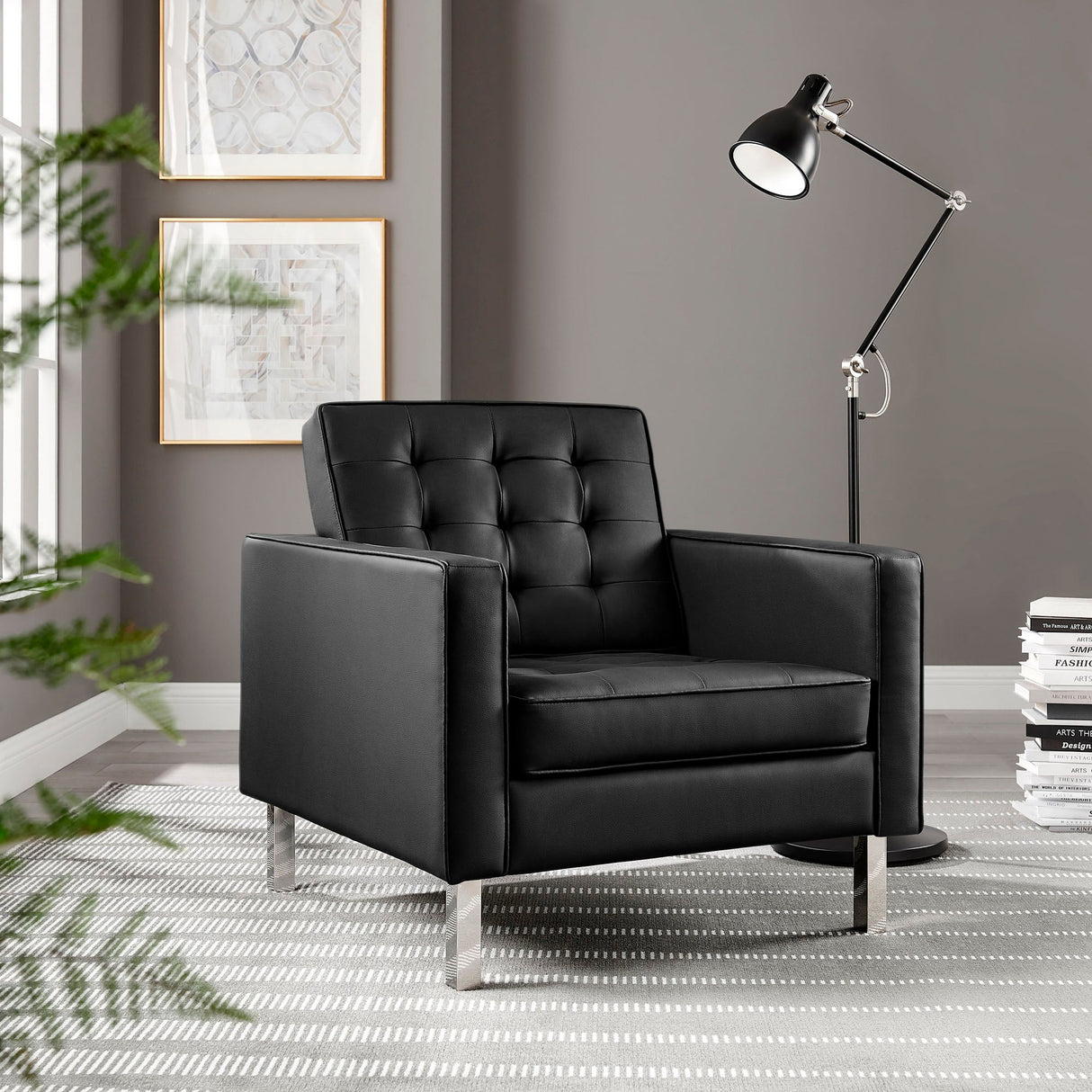 31 Inch Tufted Vegan Leather Sled Base Armchair