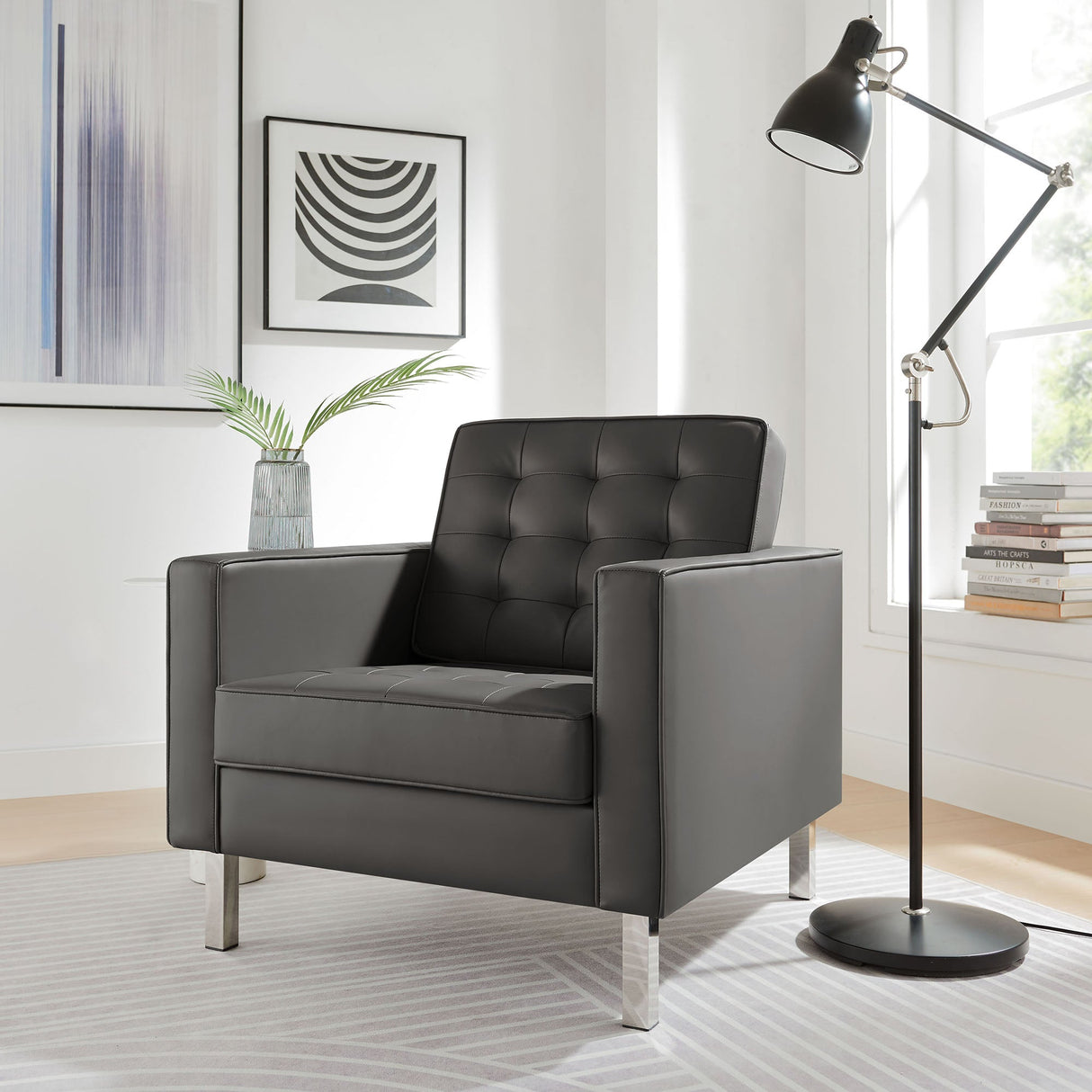 31 Inch Tufted Vegan Leather Sled Base Armchair