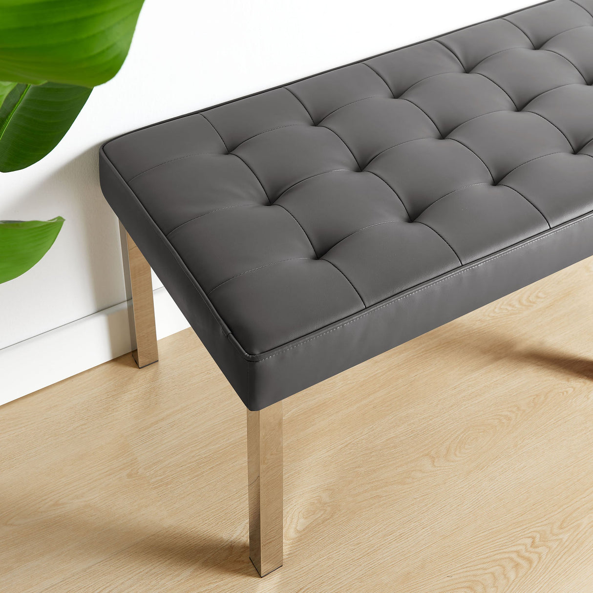 55 Inch Tufted Vegan Leather Bench with Tubular Stainless Steel Legs