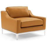 40 Inch Leather Armchair with Polished Stainless Steel Base in Tan