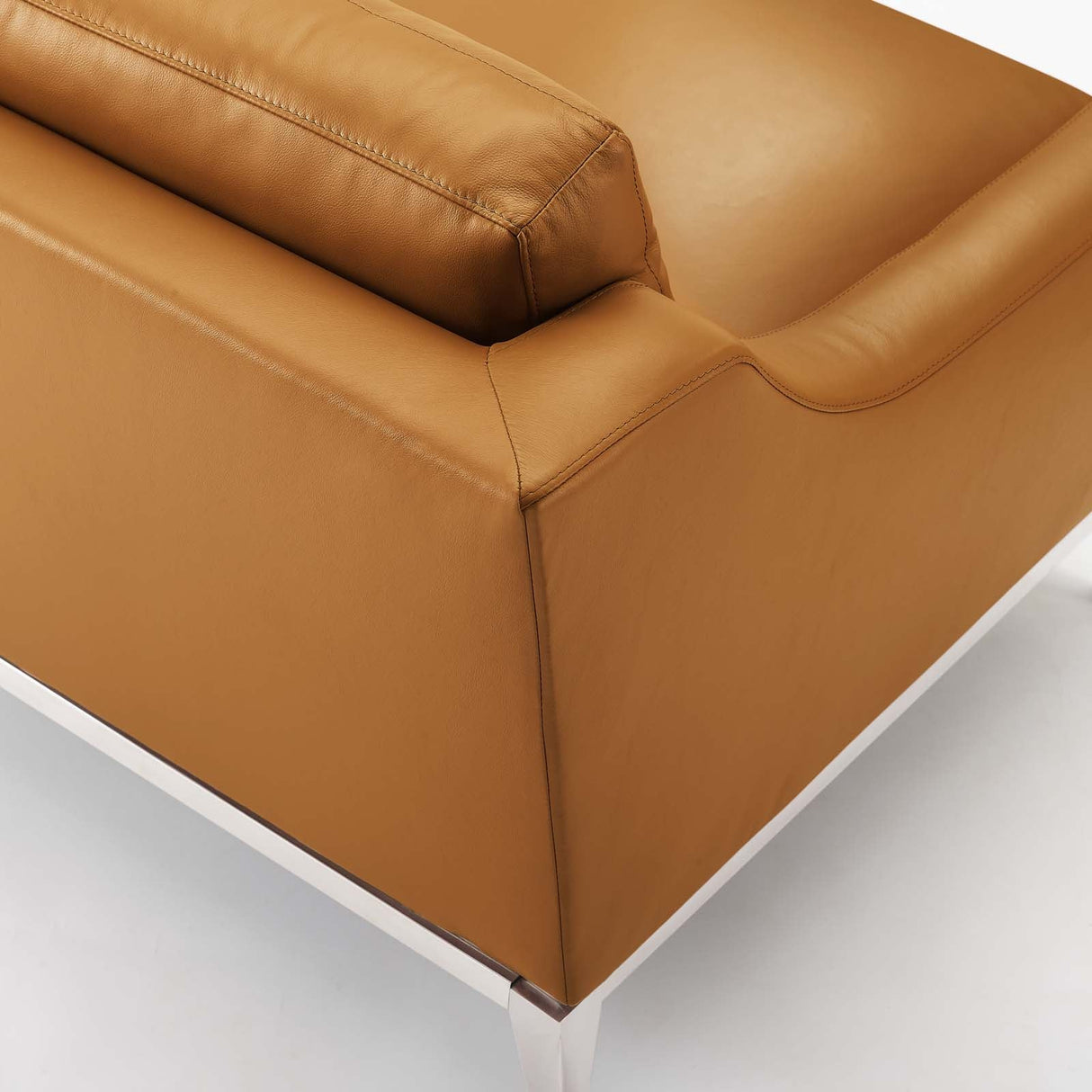 40 Inch Leather Armchair with Polished Stainless Steel Base in Tan