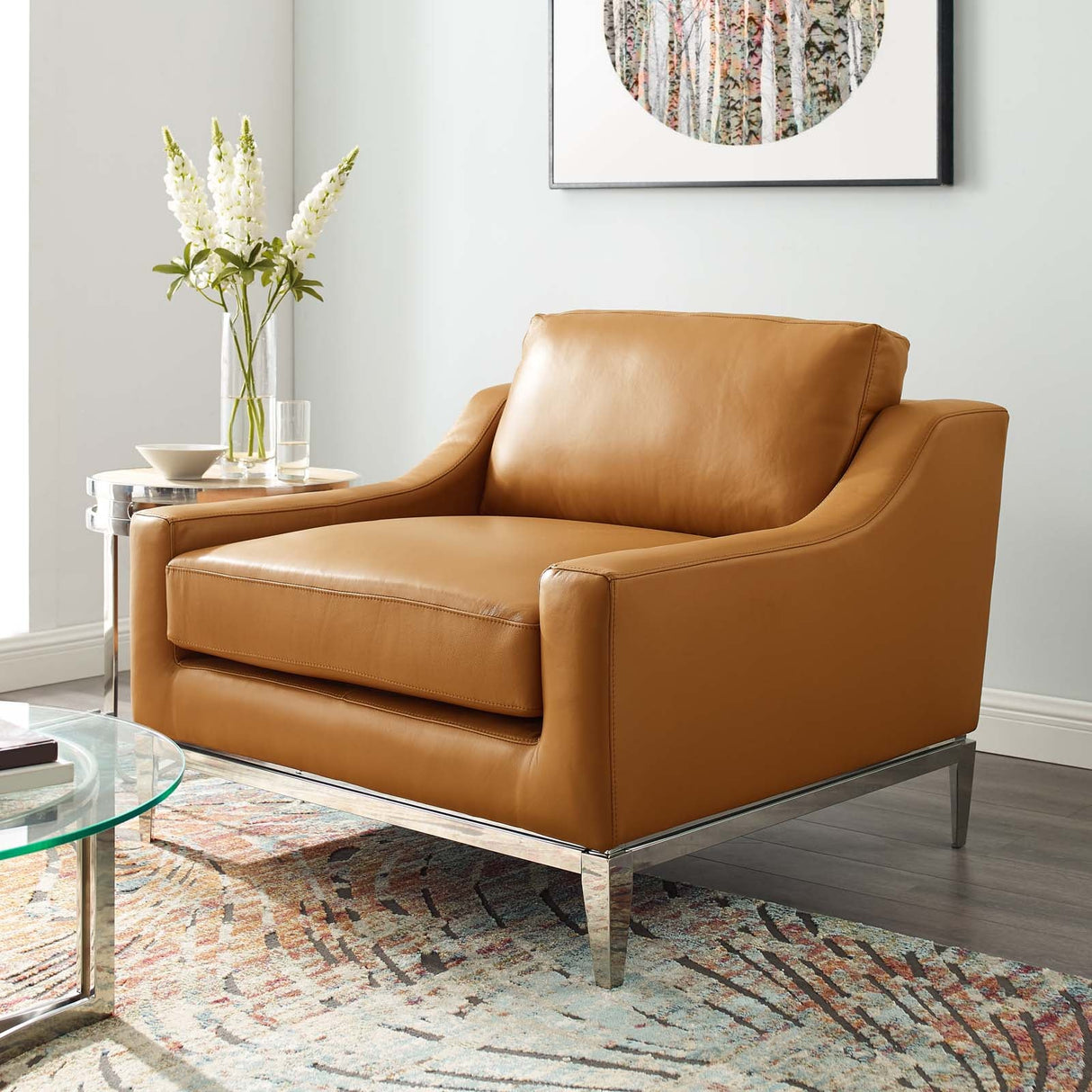 40 Inch Leather Armchair with Polished Stainless Steel Base in Tan