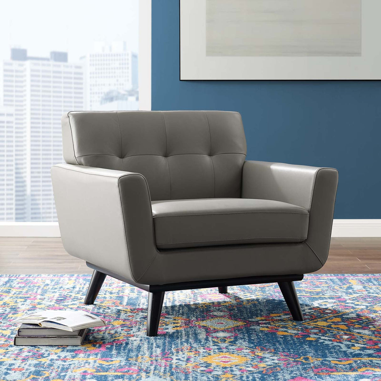 40 Inch Mid-Century Modern Top-Grain Leather Accent Armchair with Splayed Wood Legs