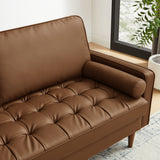 Biscuit Tufted Vegan Leather Sofa with Bolster Pillows in Brown
