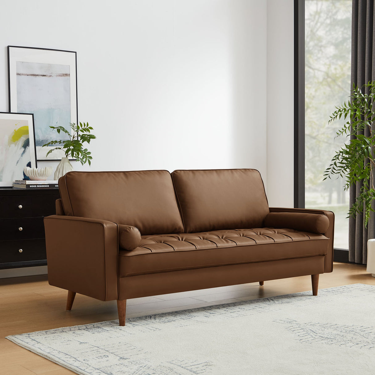Biscuit Tufted Vegan Leather Sofa with Bolster Pillows in Brown