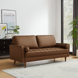 Biscuit Tufted Vegan Leather Sofa with Bolster Pillows in Brown