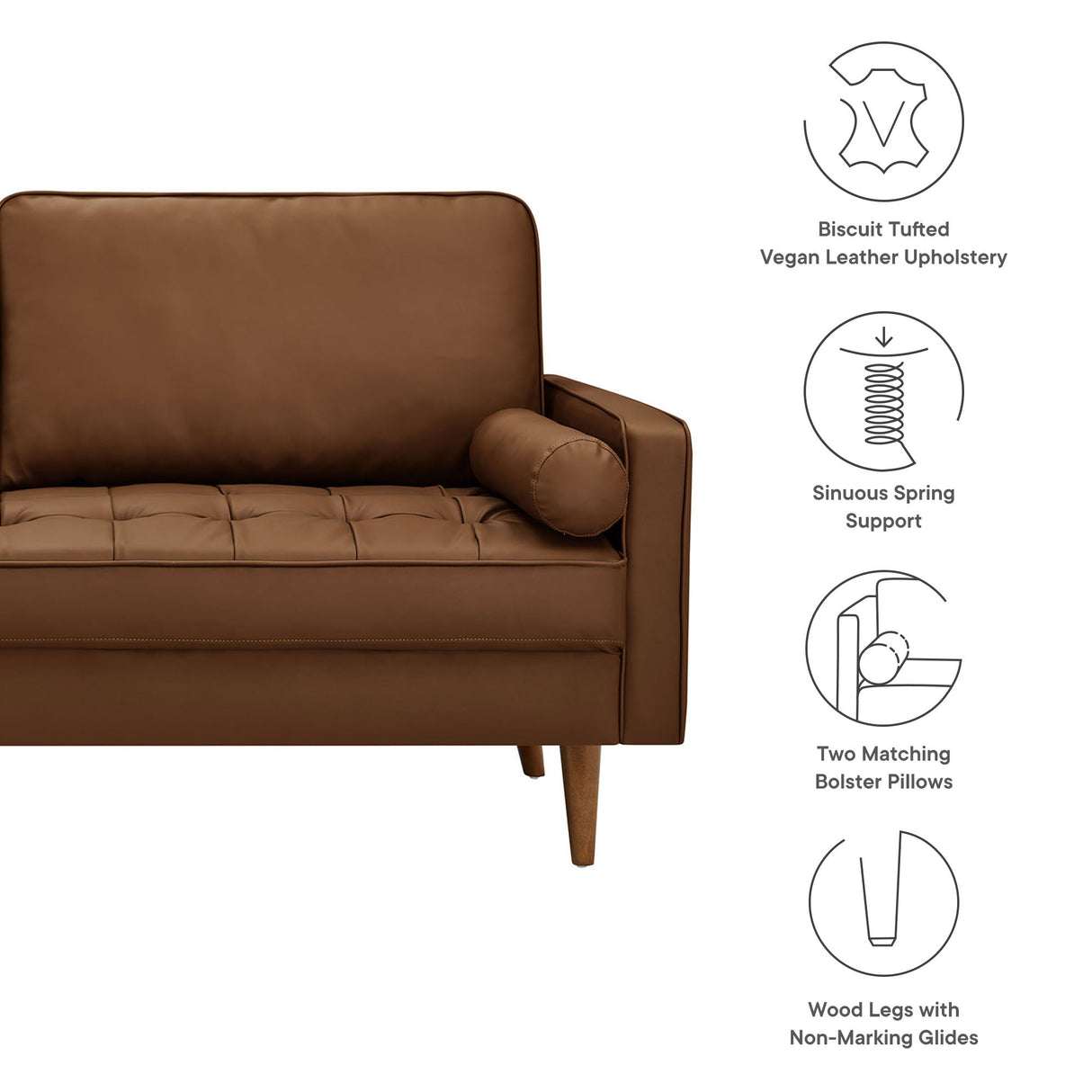 Biscuit Tufted Vegan Leather Sofa with Bolster Pillows in Brown