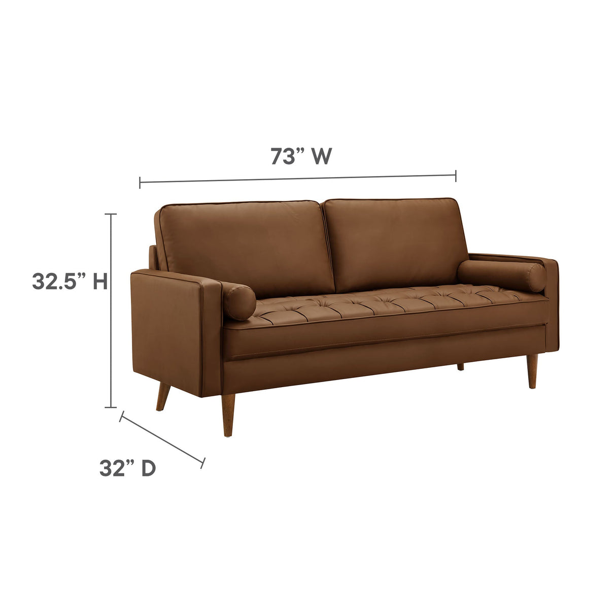Biscuit Tufted Vegan Leather Sofa with Bolster Pillows in Brown