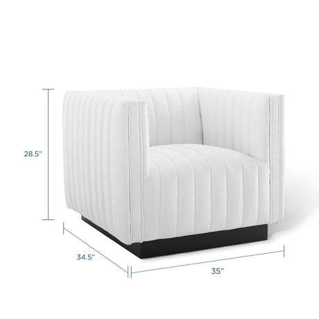 35 Inch Channel Tufted Upholstered Fabric Armchair in White