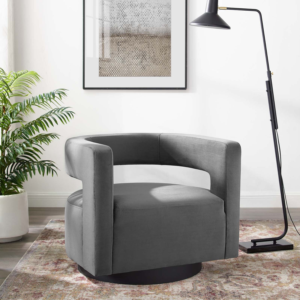 29 Inch Performance Velvet Swivel Armchair with Cutaway Back