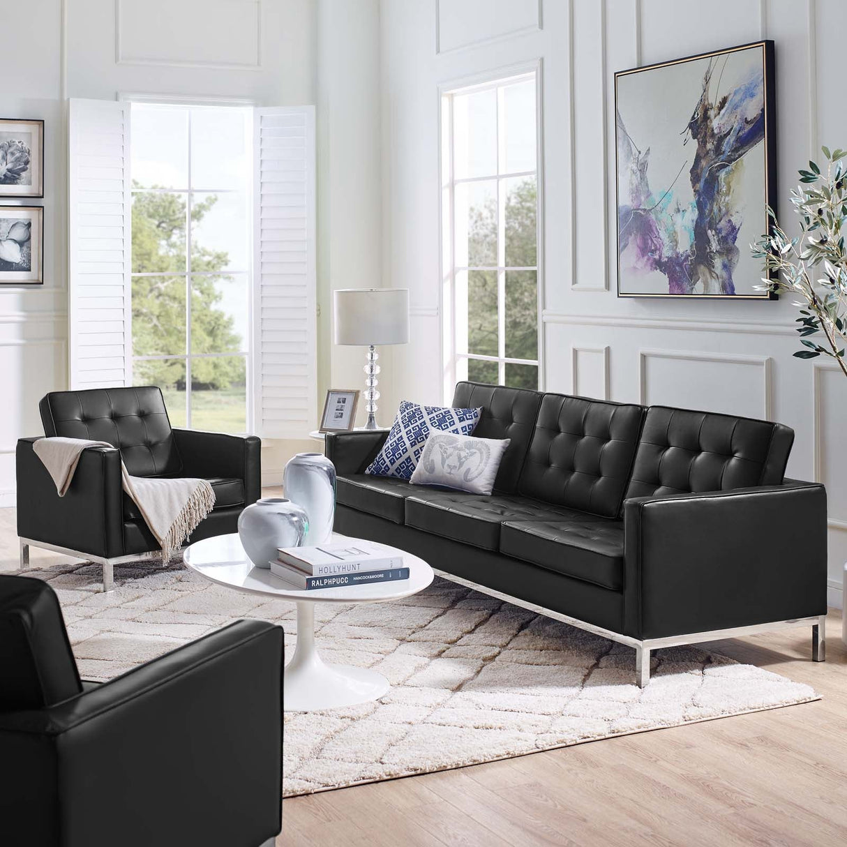 2 Piece 123" Tufted Upholstered Faux Leather Sofa and Armchair Set