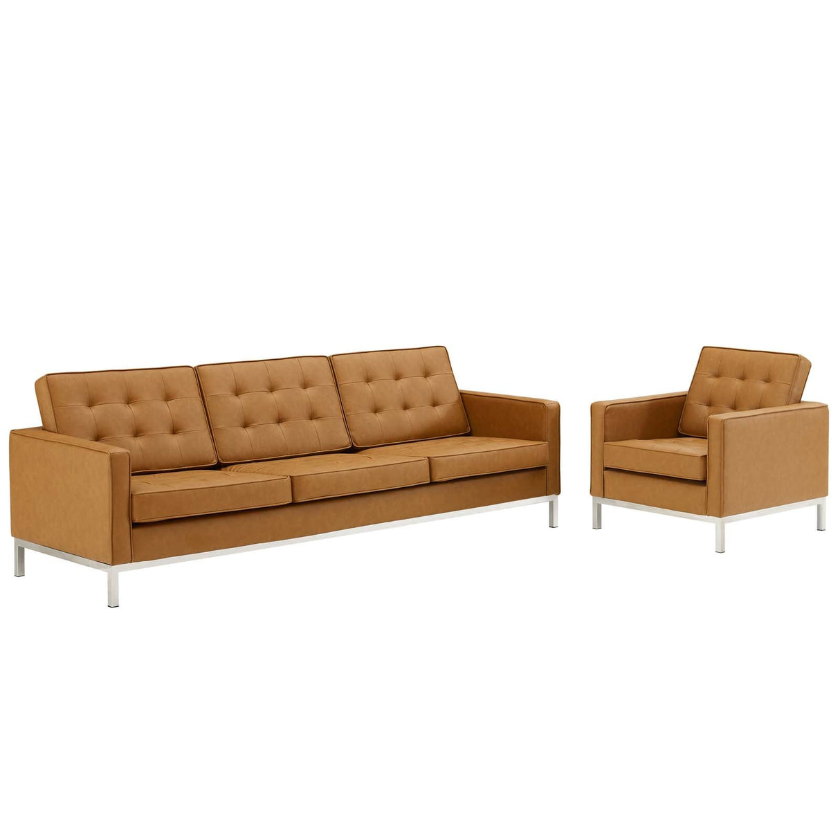 2 Piece 123" Tufted Upholstered Faux Leather Sofa and Armchair Set
