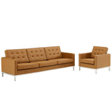 2 Piece 123" Tufted Upholstered Faux Leather Sofa and Armchair Set