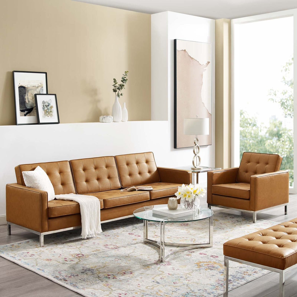 2 Piece 123" Tufted Upholstered Faux Leather Sofa and Armchair Set