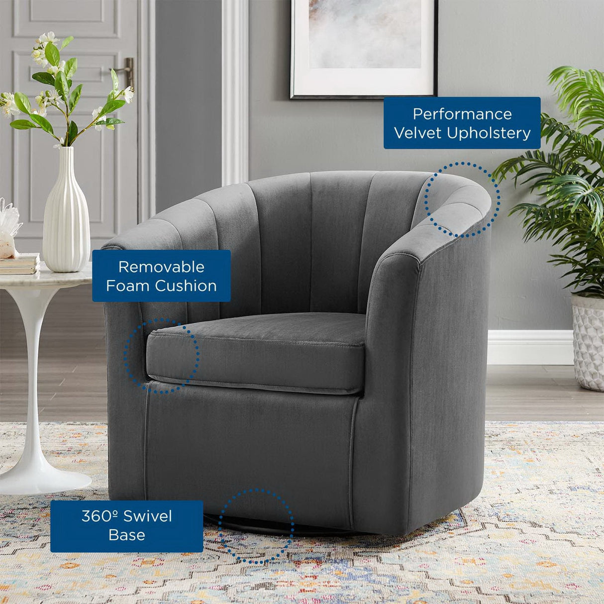 30 Inch Performance Velvet Swivel Barrel Armchair with Channel Tufting