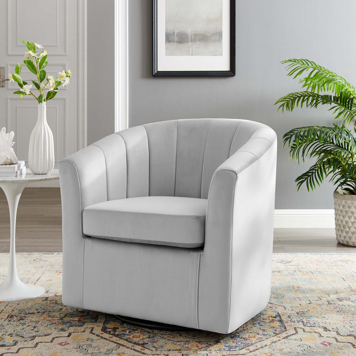 30 Inch Performance Velvet Swivel Barrel Armchair with Channel Tufting