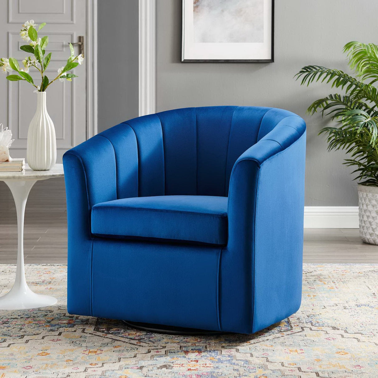 30 Inch Performance Velvet Swivel Barrel Armchair with Channel Tufting