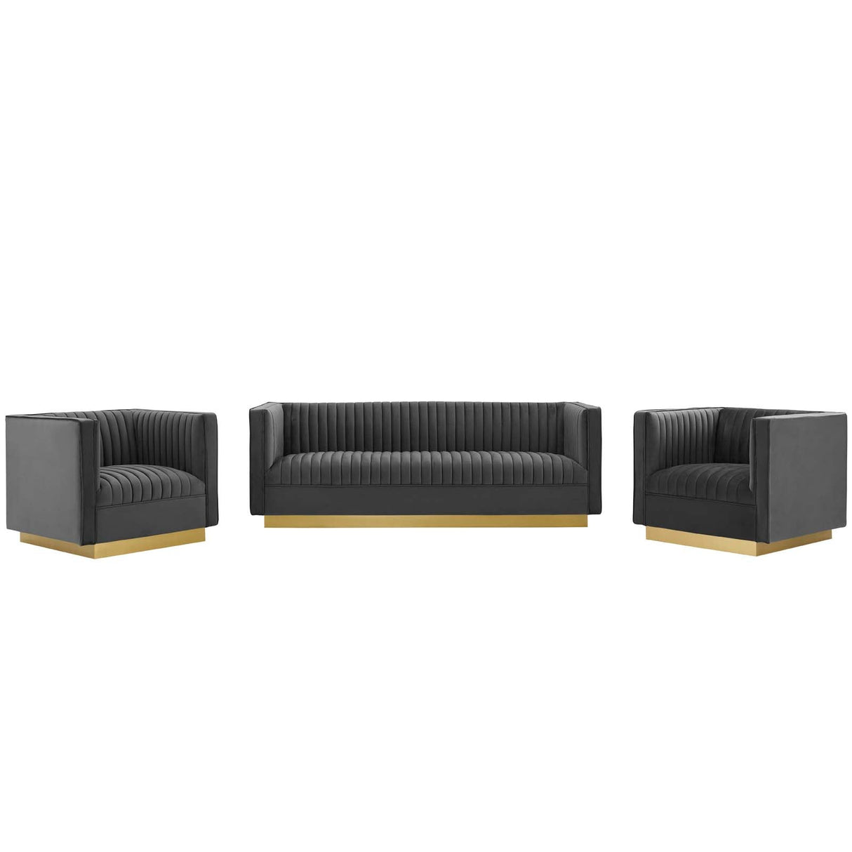 3 Piece 151" Vertical Channel Tufted Upholstered Performance Velvet in Gray