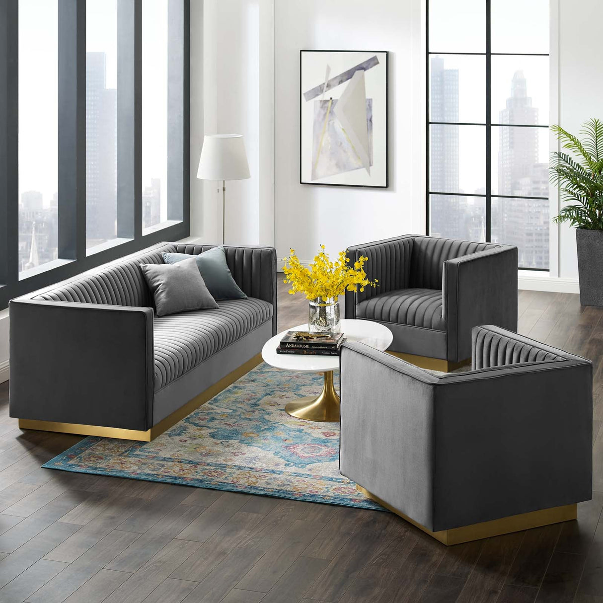 3 Piece 151" Vertical Channel Tufted Upholstered Performance Velvet in Gray