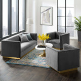 3 Piece 151" Vertical Channel Tufted Upholstered Performance Velvet in Gray