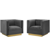 35 Inch Vertical Channel Tufted Performance Velvet Accent Armchair with Gold Base - Set of 2