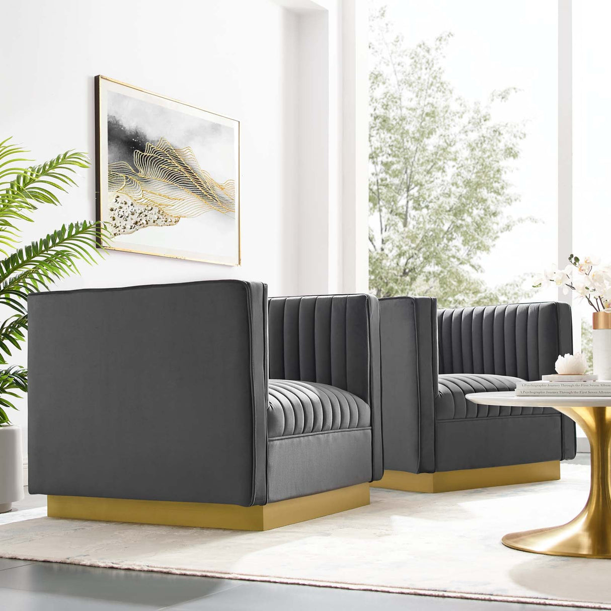 35 Inch Vertical Channel Tufted Performance Velvet Accent Armchair with Gold Base - Set of 2