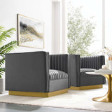 35 Inch Vertical Channel Tufted Performance Velvet Accent Armchair with Gold Base - Set of 2