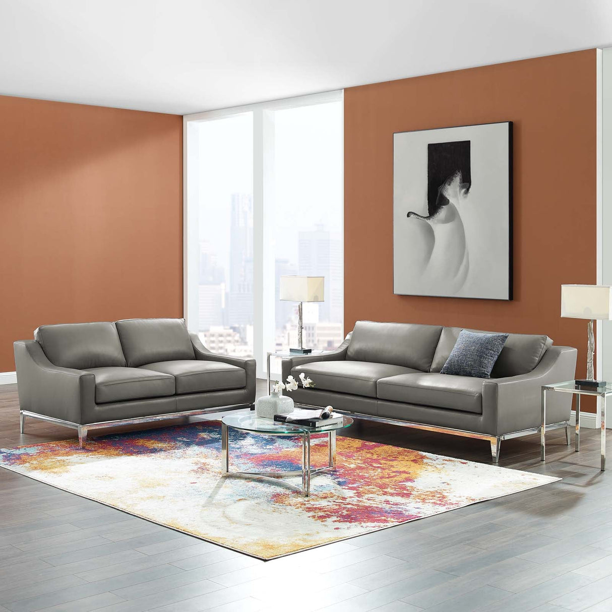 2 Piece 123" Stainless Steel Base Leather Sofa and Loveseat Set