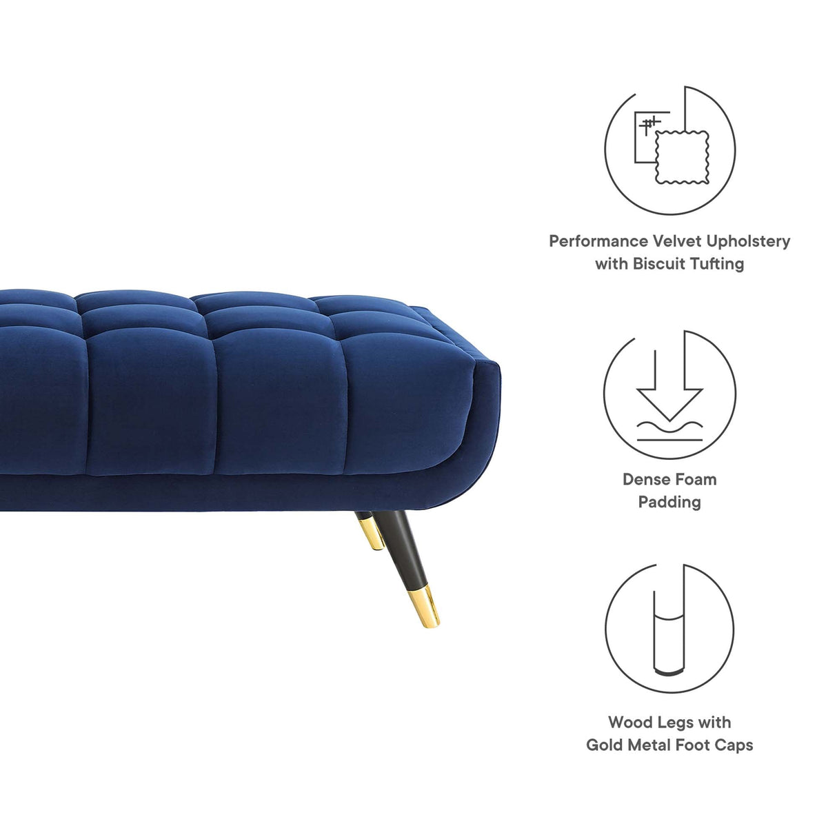 60 Inch Adept Performance Velvet Accent Bench with Gold Metal Caps