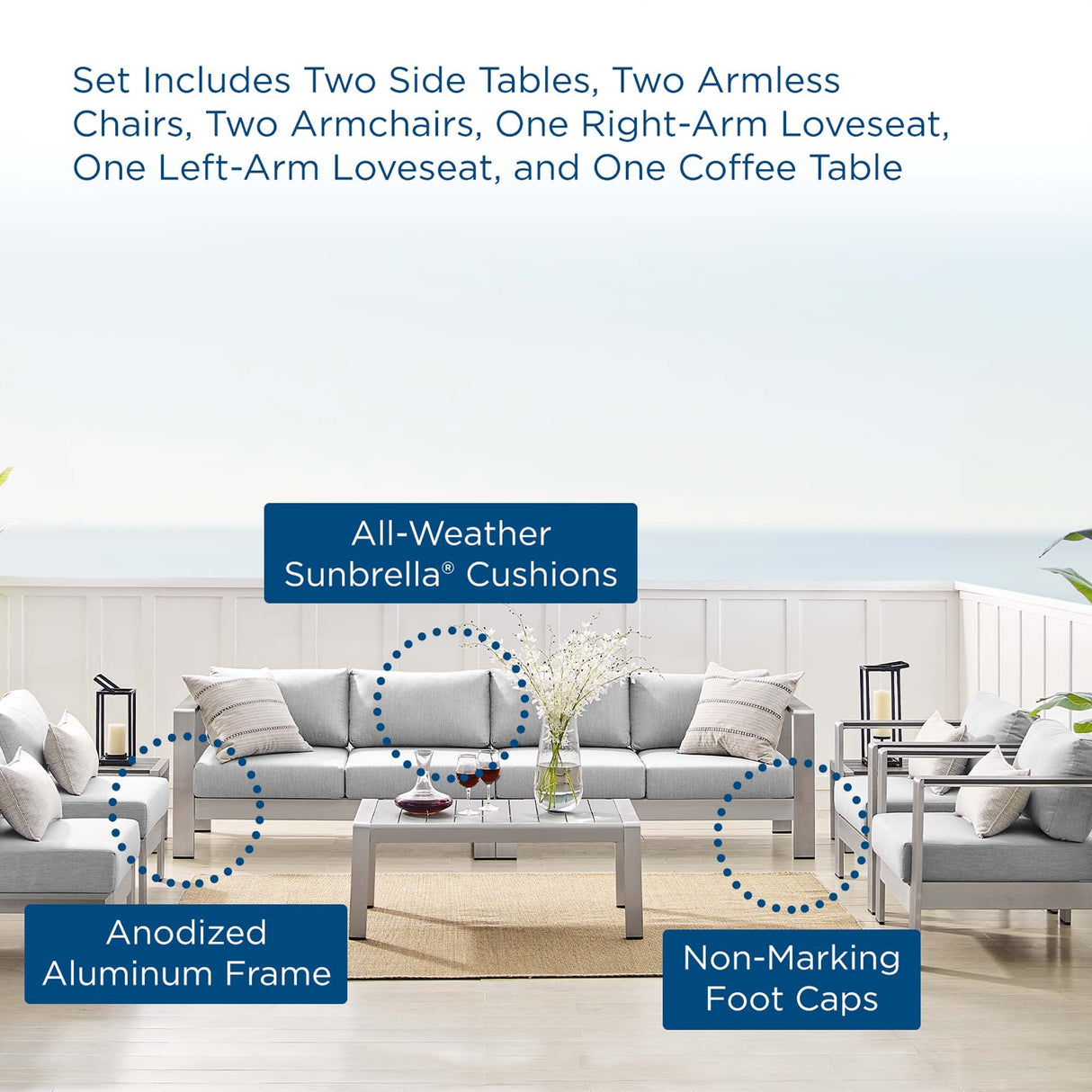 9-Piece Aluminum Outdoor Sectional Modular Sofa Set with Sunbrella Fabric