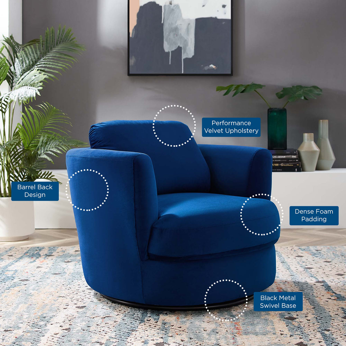 36 Inch Performance Velvet Swivel Barrel Armchair