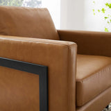 32 Inch Vegan Leather Sled Base Accent Chair in Black Tan
