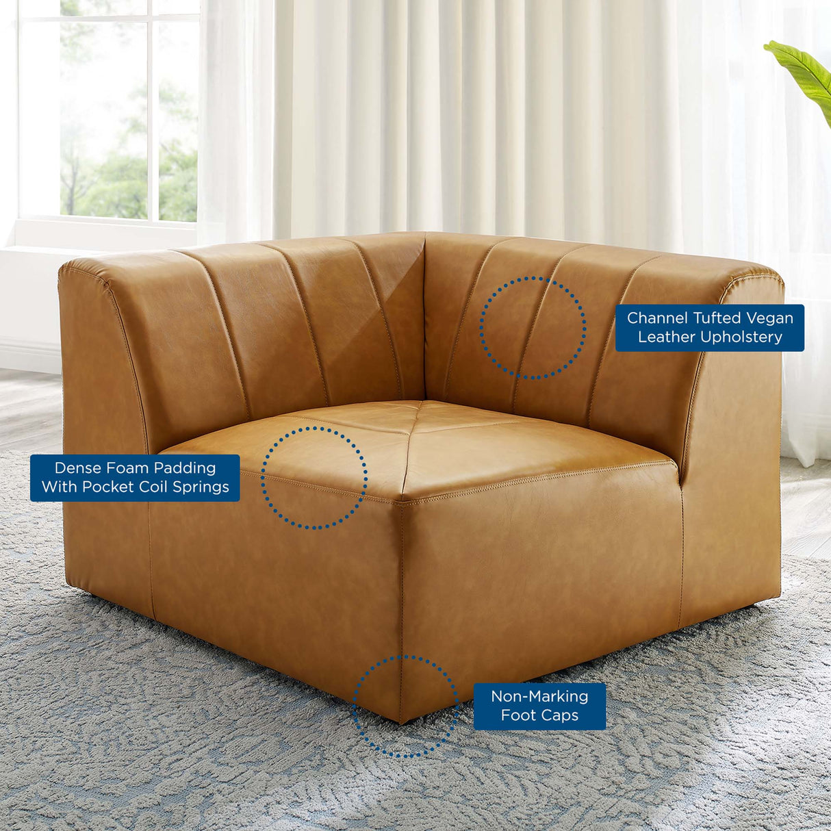 Vegan Leather Corner Chair in Tan - 42 Inch