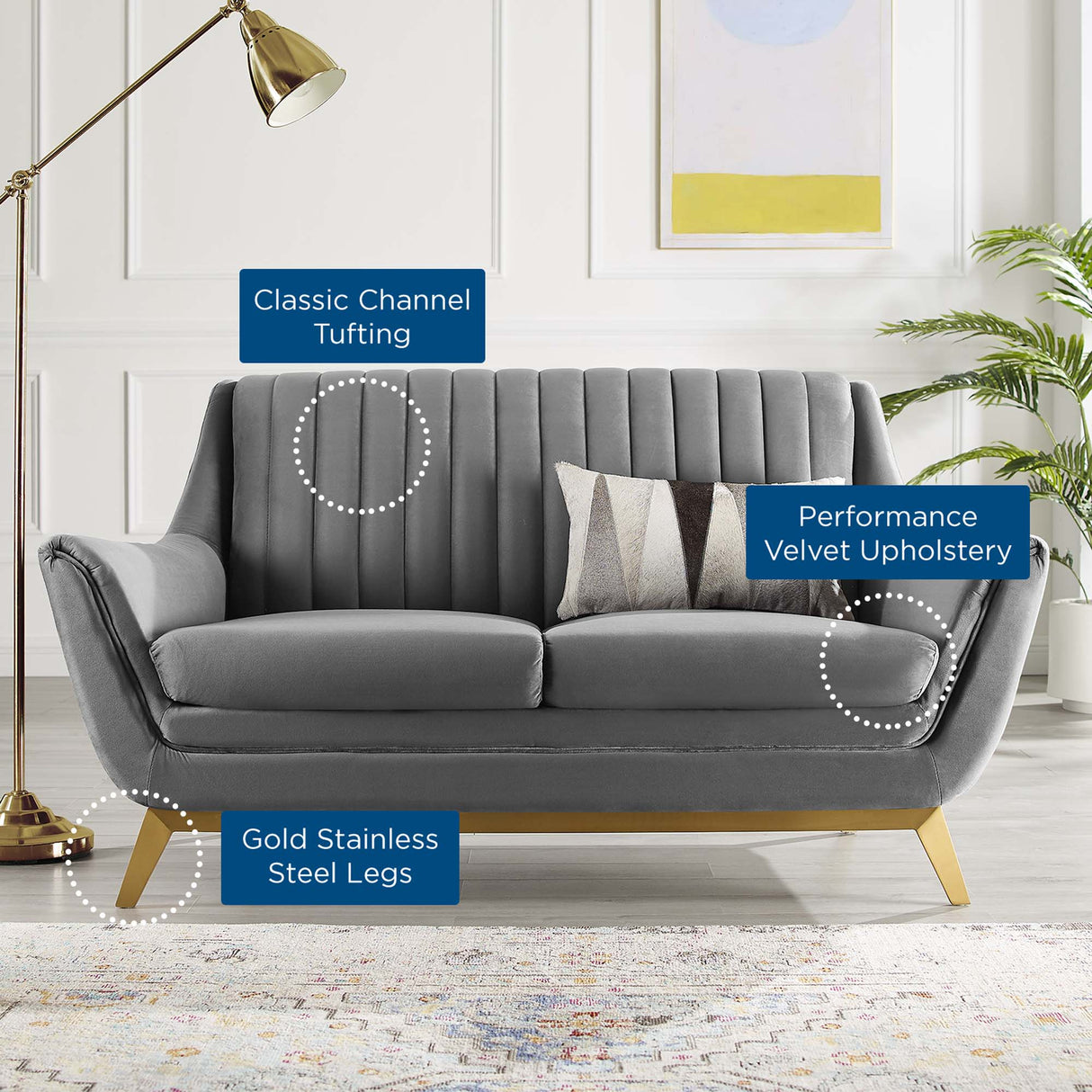 60 Inch Winsome Channel Tufted Performance Velvet Loveseat in Gray