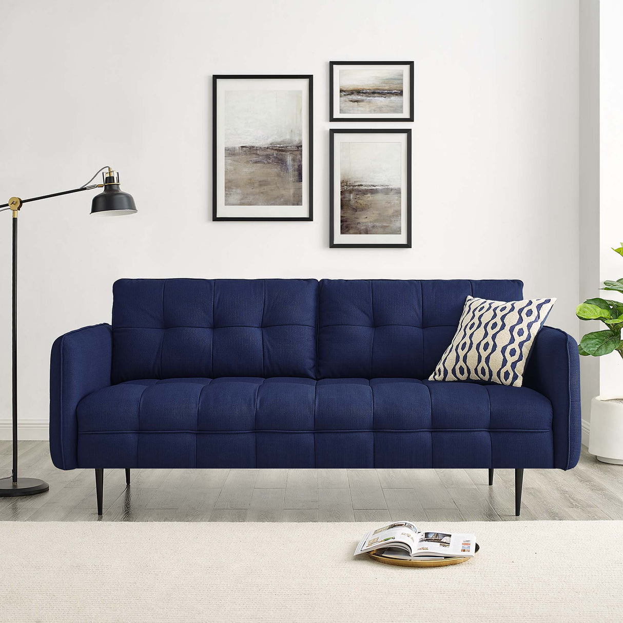 Square Tufted Fabric Sofa with French Piping and Metal Legs