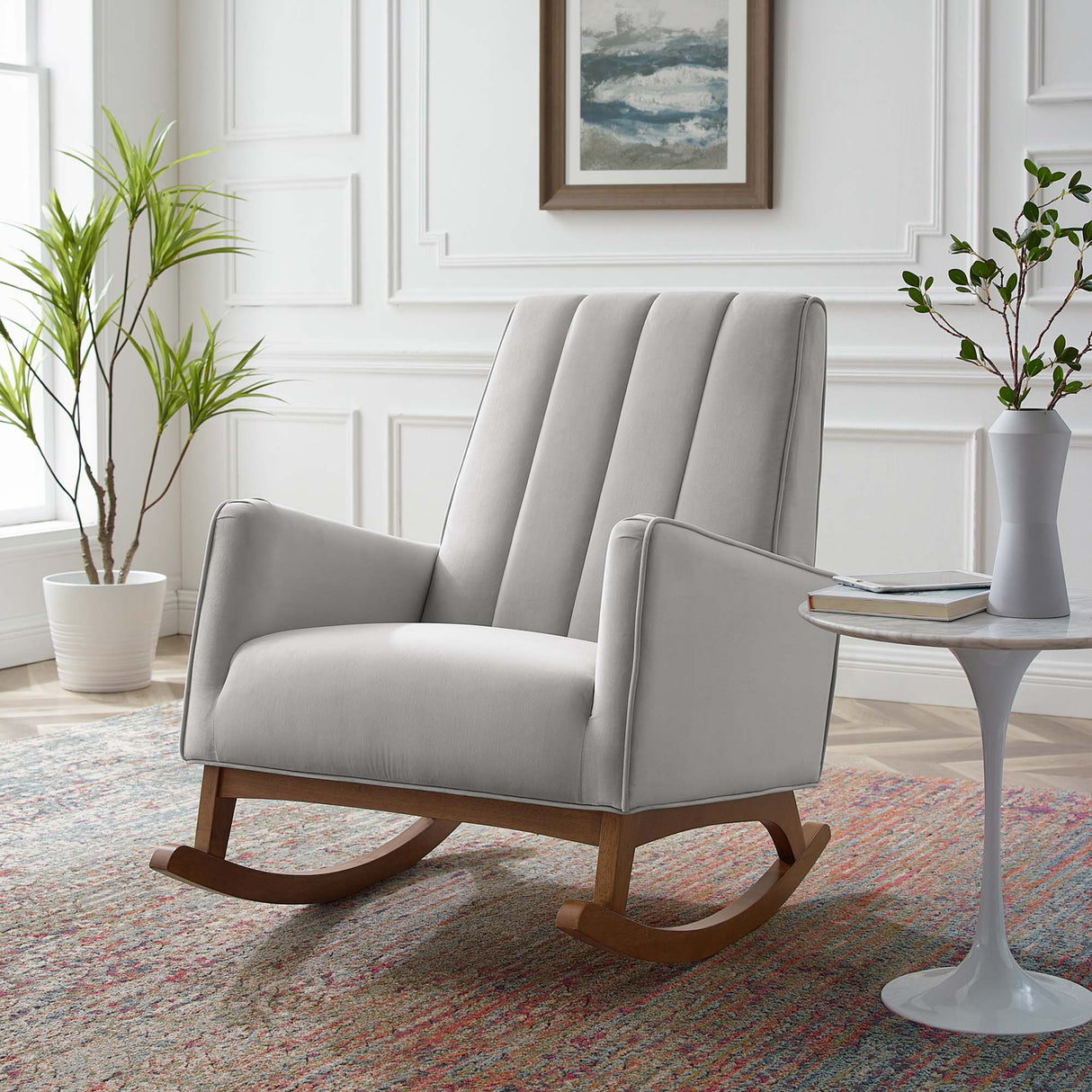 28 Inch Channel Tufted Performance Velvet Rocking Chair in Light Gray