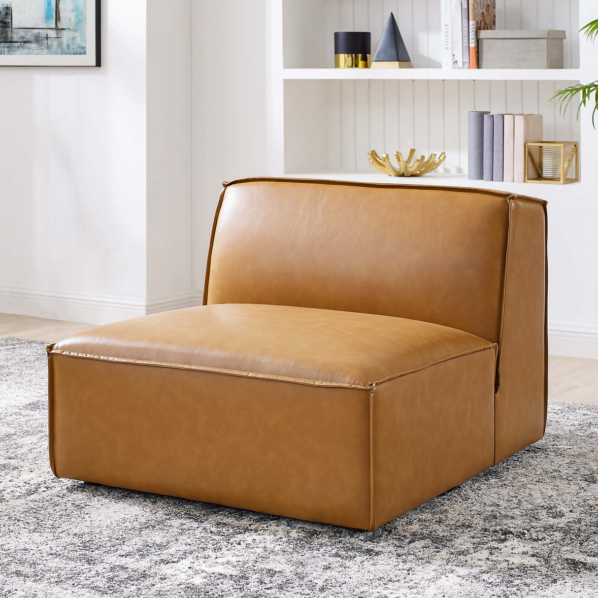 Vegan Leather Sectional Sofa Armless Chair in Tan - 35 Inch
