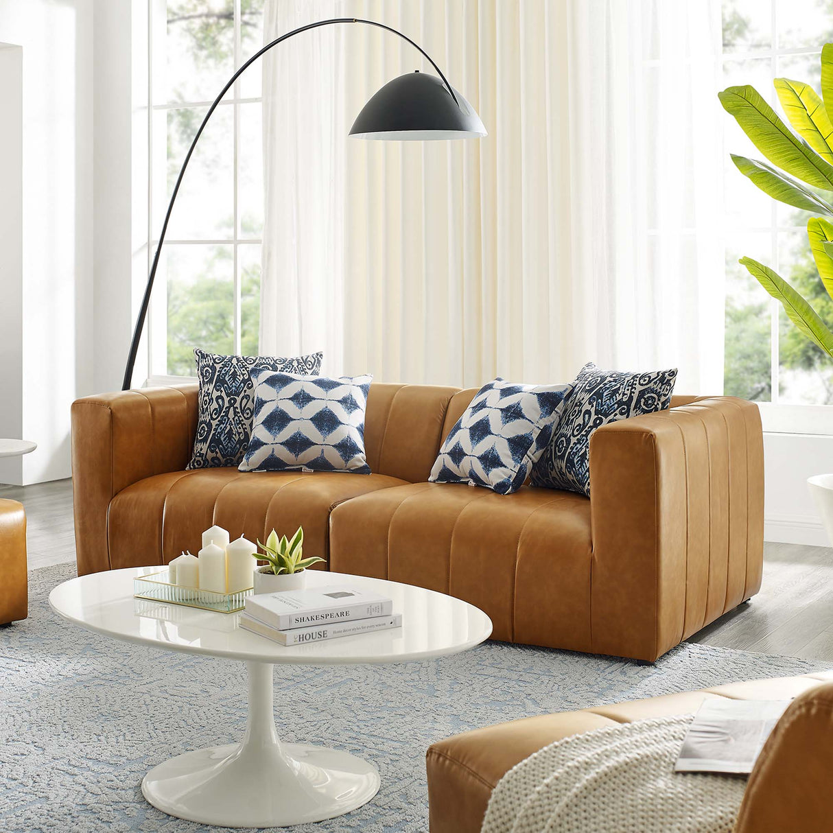 2-Piece Vegan Leather Channel Tufted Loveseat 87 Inch in Tan