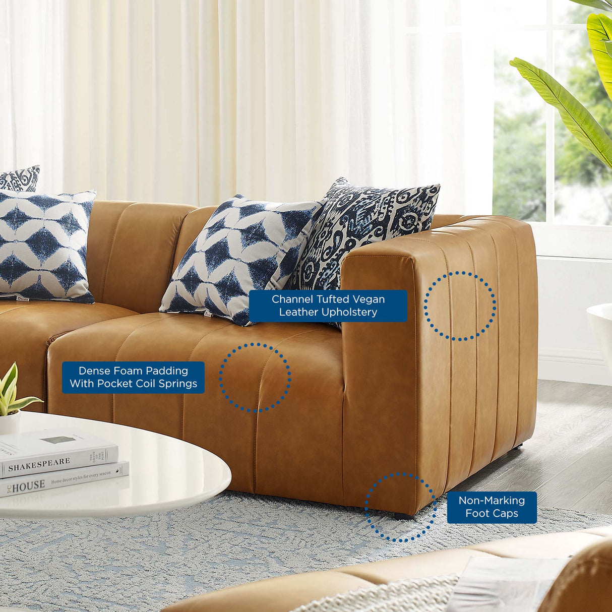 2-Piece Vegan Leather Channel Tufted Loveseat 87 Inch in Tan