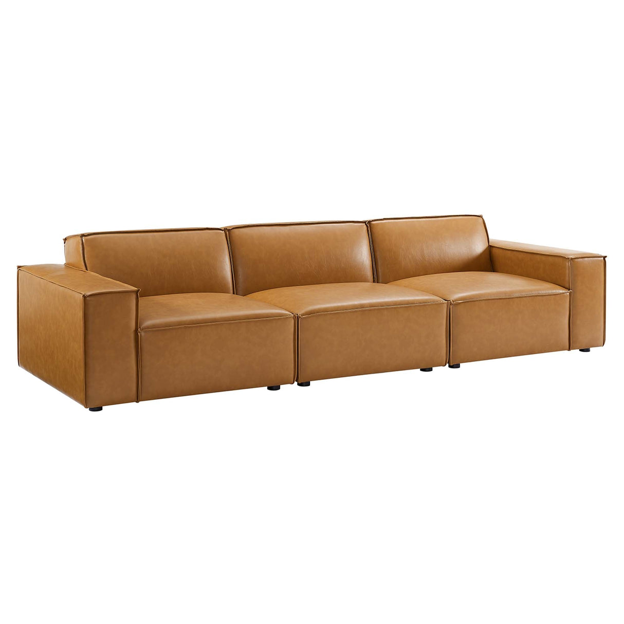 3-Piece Vegan Leather French Piping Sofa 123 Inch in Tan
